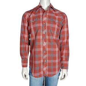 H Bar C Ranchwear Shirt Size 15-33 Long Tail Rusty Orange Plaid Snap Buttons